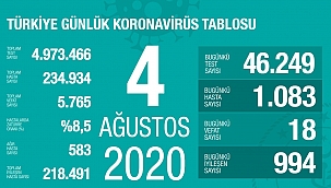 Türkiye 4 Ağustos koronavirüs tablosu